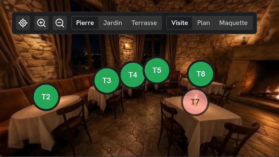 Vue 360 réelle de la salle ResaHook Démo avec les tables disponibles